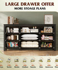 Top Shelf 9 Drawer Farmhouse TV Stand With Badass Storage Space And Rustic Barn Accents Built For Chill Living Rooms Holds Big Screens Up To 70 Inches In Sleek Black showcasing large storage drawers with various items organized.