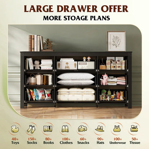 Top Shelf 9 Drawer Farmhouse TV Stand With Badass Storage Space And Rustic Barn Accents Built For Chill Living Rooms Holds Big Screens Up To 70 Inches In Sleek Black showcasing large storage drawers with various items organized.