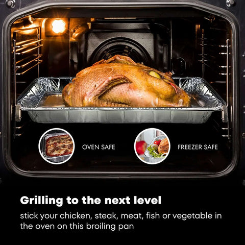 Oven with chicken roasting on 25 Pack Disposable Aluminum Broiler Pans For BBQ And Grilling Durable Ribbed Bottom Surface Pans 13.4 X 9 X 0.85