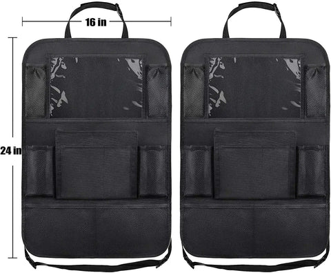 Backseat Organizer With 10 Inch Table Holder And Nine Storage Pockets Seat Back Protectors, black 2 pack front view