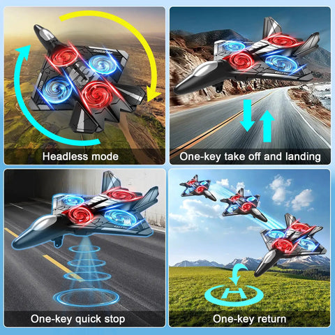 Dope Camera Equipped RC Plane With Light For Kids And Adults performing aerial stunts and one-key flying functions over various terrains.