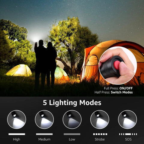 Camping scene with Beast Bright 900 Lumen Tactical Flashlight With Zoomable Beam And OSRAM P9 LED, five lighting modes