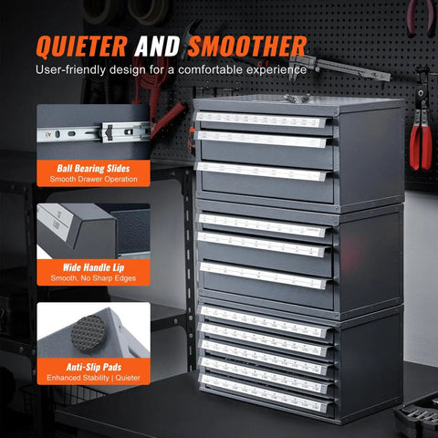 Five Drawer Steel Tap Dispenser Cabinet With Sixty Compartments Holds Tap Sizes From 2 56 To 12 28, stackable design shown in workshop
