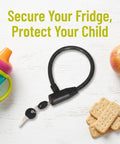 Two Pack Child Proof Refrigerator And Cabinet Locks with keys on white surface, sippy cup, apple, crackers displayed alongside