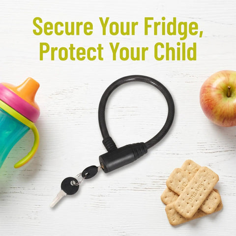 Two Pack Child Proof Refrigerator And Cabinet Locks with keys on white surface, sippy cup, apple, crackers displayed alongside