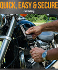 Person securing motorcycle using Beefy Heavy Duty Ratchet Strap Set 1650 Lb Break Strength 4 Pack 15 Ft X 1 In Tie Down Straps