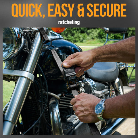 Person securing motorcycle using Beefy Heavy Duty Ratchet Strap Set 1650 Lb Break Strength 4 Pack 15 Ft X 1 In Tie Down Straps