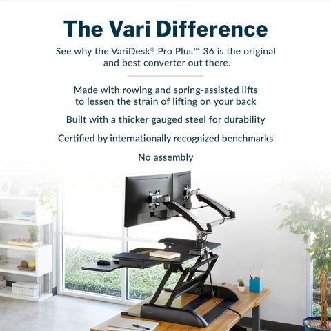 Pro Plus 36 Adjustable Desk Converter With 11 Height Settings For Dual Monitor Sit Stand Desk Riser in office setup.