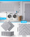 18 Pack Peel and Stick Acoustic Panels for Walls, 12 inch squares, gray foam tiles displayed in laundry room.
