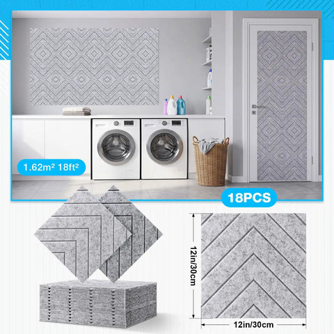 18 Pack Peel and Stick Acoustic Panels for Walls, 12 inch squares, gray foam tiles displayed in laundry room.