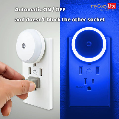 Blue LED Night Light Plug In Dusk To Dawn Sensor Small Round Nightlight Energy Saving Wall Light for bathroom or hallway
