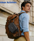 Man wearing backpack with Hard Shell Travel Case For Insta360 Ace Pro 2 Xplore Grip Pro Bundle attached, outdoors.