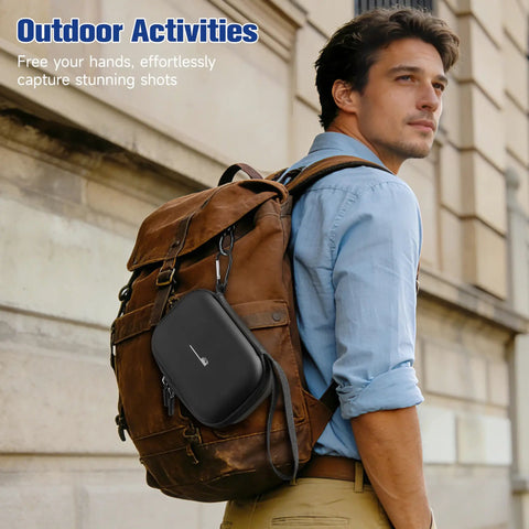 Man wearing backpack with Hard Shell Travel Case For Insta360 Ace Pro 2 Xplore Grip Pro Bundle attached, outdoors.