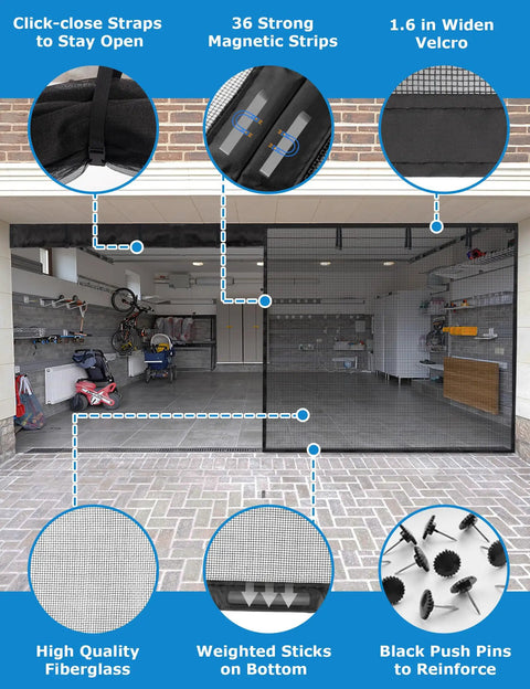 Magnetic Garage Door Screen For Two Car Garage 16 By 7 Feet Fits Up To 194 By 84 Inches With 36 Magnets No Fuss Magnetic Closure Mesh