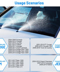 Car windshield showing smooth spray using 52 In 1 Windshield Washer Nozzle Kit For Chrysler Dodge Jeep Ram with compatibility guide.
