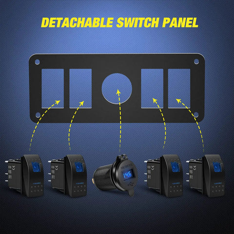 4 Gang Rocker Switch Panel With QC3.0 Dual USB Charger Voltmeter Waterproof Night Glow Stickers components displayed