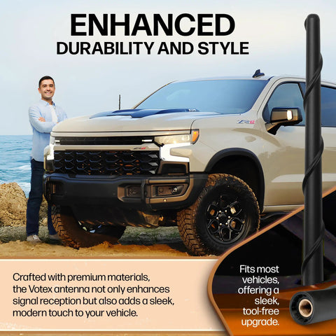 Universal 8 Inch Short Rubber Antenna Kit for Cars, Trucks, and SUVs, Flexible and Durable, Enhanced Signal Reception displayed on vehicle
