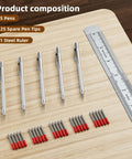 Five Pack Tungsten Carbide Scriber Set With 25 Replacement Tips Magnetic Engraving Pen And A 6 Inch Stainless Steel Ruler displayed on wood surface