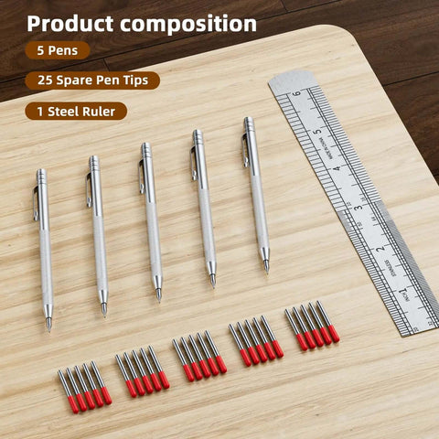 Five Pack Tungsten Carbide Scriber Set With 25 Replacement Tips Magnetic Engraving Pen And A 6 Inch Stainless Steel Ruler displayed on wood surface