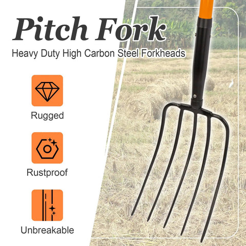 5 Tine Pitchfork For Gardening Heavy Duty With Fiberglass Handle in field background with features highlighted