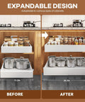 Two Pack Zero Fuss Pull Out Cabinet Organizers Built Like A Tank Smooth As Butter Roll Out Shelves Adjusts 15 To 26 Inches Wide, showing before and after expansion.