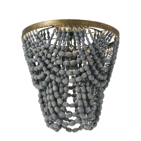 Two-Tier Draped Wood Bead Semi-Flush Mount Ceiling Light With Gold-Washed Metal Base, Brushed Finish And Hand-Selected Light Gray Beads
