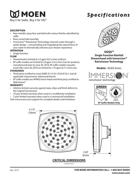 Voss 6 Inch Rain Shower Head With Immersion Technology, Single Function, 2.5 GPM Flow, Chrome Finish diagram and specifications