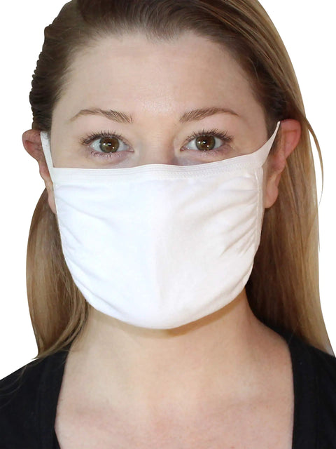 Person wearing Reusable Cotton Face Mask Pack Of 50 White Unisex One Size Fits Most 3 Ply With Silver Threads Washable
