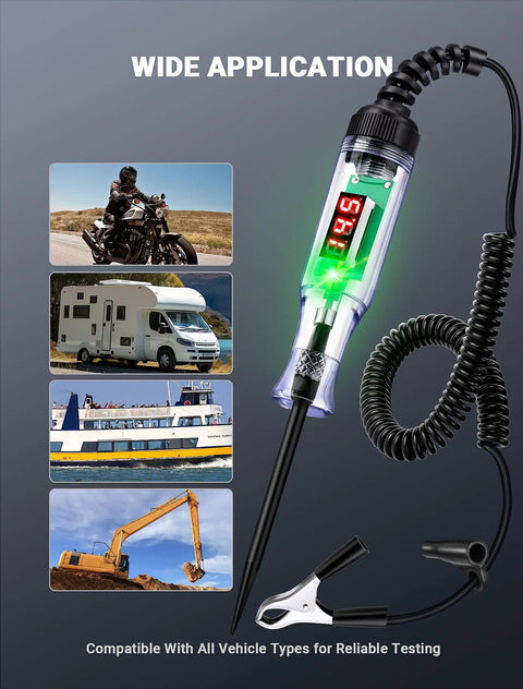 Rugged Pro Grade Automotive Test Light Circuit Tester With 3 To 48V Digital Voltmeter And Dual Polarity Indicator beside various vehicles