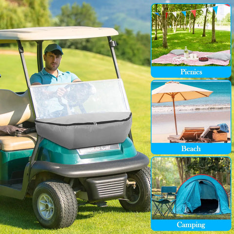 Gray Golf Cart Cooler Bag Insulated Leakproof Travel Cooler With Front Cart Strap Keeps Drinks Cold For Picnics Beach Work Trips Camping And Golf Rounds 9.84 x 18.11 x 38.58 Inches attached to golf cart