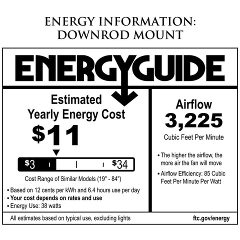 Energy guide for Haven 52 Inch Ceiling Fan With LED Light Kit Matte Black 5 MDF Blades Pull Chain Control 3241 CFM Black Finish.