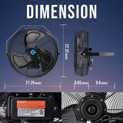 Outdoor 18 Inch High Velocity Metal Wall Mount Fan IPX4 Water Resistant With 3 Speed Settings Delivers Serious Airflow For Commercial Industrial And Residential Use 4150 CFM 6.6 Ft Cord 180 Degree Tilting Black dimensions