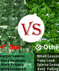 Comparison of Artificial Ivy Privacy Fence Wall Screen 120 By 40 Inches with larger, realistic leaves versus other smaller, fake leaves