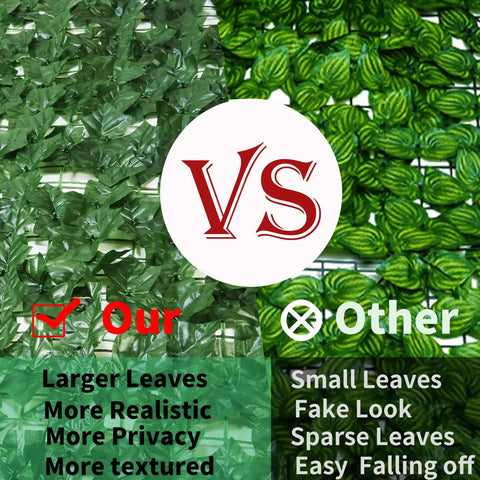 Comparison of Artificial Ivy Privacy Fence Wall Screen 120 By 40 Inches with larger, realistic leaves versus other smaller, fake leaves