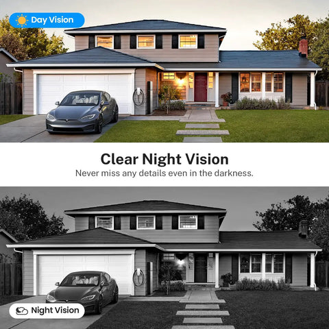 Day and night comparison of a house with 1080P Wireless Video Doorbell With Two Way Audio, Night Vision, AI Motion Alerts system.