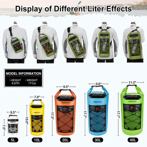 Green Waterproof Backpack 10L 20L 30L 40L With IPX8 Phone Case For Water Sports Fishing Boating Kayaking Surfing Rafting