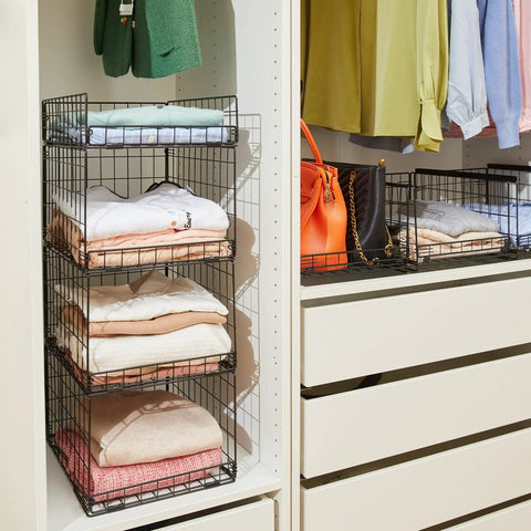 4 Tier Closet Organizers And Storage Shelves For Clothes, 4 Pack Stackable Metal Wire Bins With Drawers And Dividers in closet