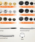 Premium Leather Snap Fasteners Kit With 12.5mm Metal Snaps And 4 Setter Tools 240 Sets In 6 Colors For Clothes Jackets Jeans Bags And More Two Sizes Including 8mm Large And Smaller Size For DIY Leather Craft Alritz with gold, silver, bronze, matte black, jet black, gunmetal snaps and tools visible