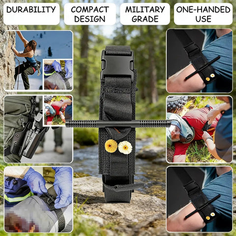 Trauma First Aid Kit With Tourniquet And Israeli Bandage 34 Piece Tactical Emergency Gear For Car Camping Hiking And Travel Black Bleeding Control Essentials You Can Grab And Go showing contents in use outdoors