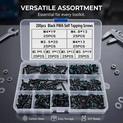 All In One Self Tapping Screw Set With 8 Sizes M2.9 To M4.8 And Washer Head Carbon Steel Screws For Auto Body, Sheet Metal, Furniture, And DIY Repairs 200 Pcs Beefy Heavy Duty Kit in organizer case