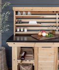 48 Inch Cedar Wood Buffet Hutch Serving Station With Galvanized Steel Countertop, Wine Rack And Glass Rack, Trash Bin