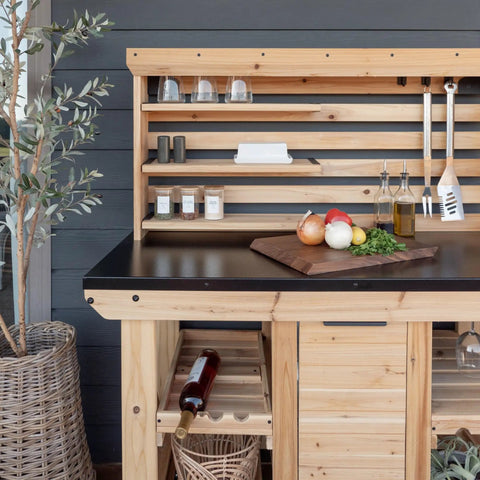 48 Inch Cedar Wood Buffet Hutch Serving Station With Galvanized Steel Countertop, Wine Rack And Glass Rack, Trash Bin