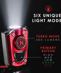Mycro Keychain Flashlight 400 Lumen Rechargeable EDC Light with 6 red green white modes highlighting turbo mode and primary button