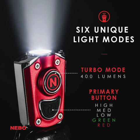 Mycro Keychain Flashlight 400 Lumen Rechargeable EDC Light with 6 red green white modes highlighting turbo mode and primary button