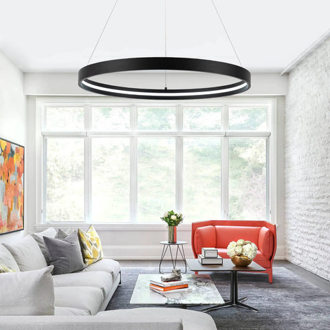 Black One Ring LED Chandelier Dimmable Modern Pendant Light For Living Room Kitchen Island Dining Room Foyer Office Entryway