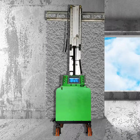 Pro Grade Fully Automatic Wall Plastering Machine For Indoor Mortar Leveling and No Fuss Interior Surface Finishing on Construction Sites and Home Makeovers, green unit with rollers.