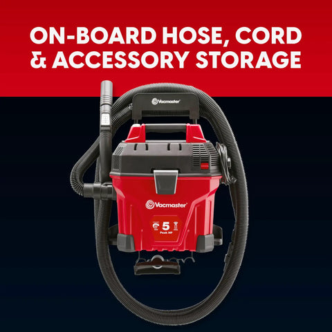 5 Gallon Wall Mount Wet Dry Vacuum With Remote Control Handle, 5 Peak HP Power, shown with onboard hose and accessory storage