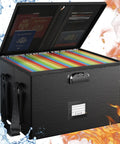 Fireproof Locking Document Box With Portable Handle, open to show colorful folders, waterproof and fireproof design, SGS certified.