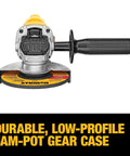 DEWALT 4-1/2 in angle grinder with one-touch guard, side view, yellow body and black handle