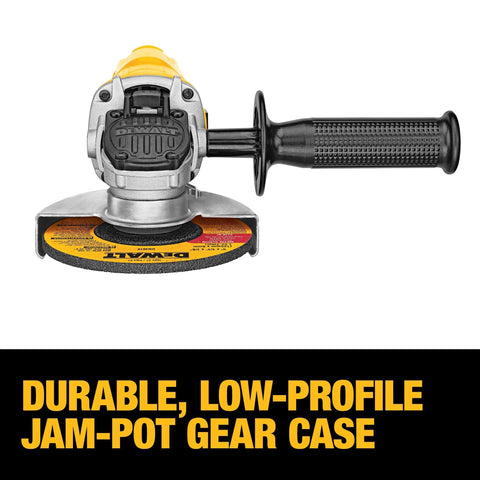DEWALT 4-1/2 in angle grinder with one-touch guard, side view, yellow body and black handle